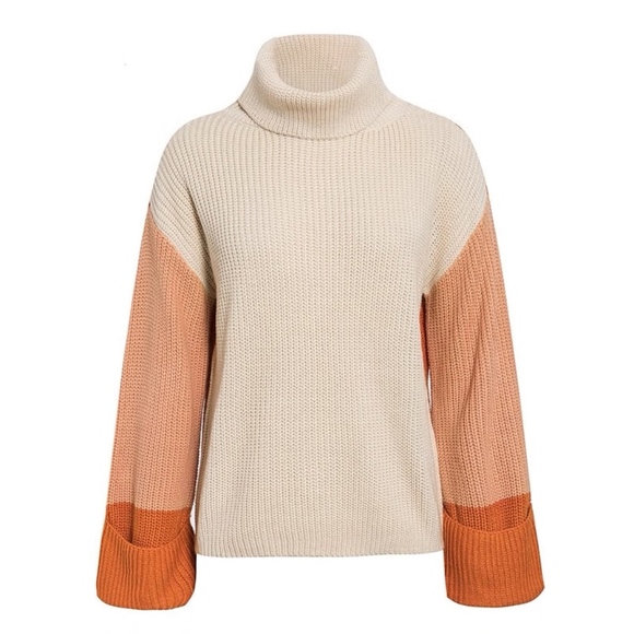 Rouge! Sweaters - Color Block Beige Turtleneck Sweater Orange
